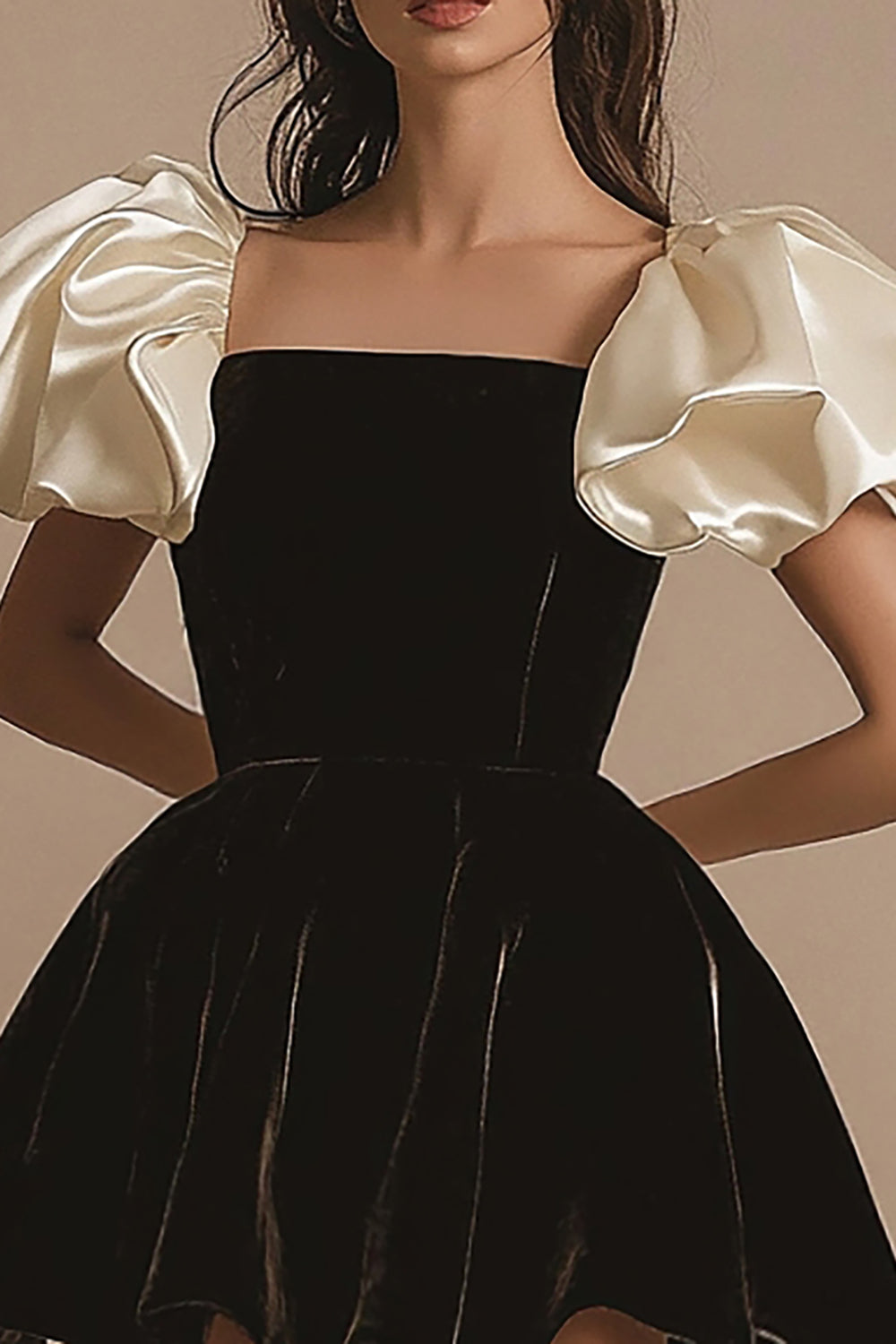 A Line Ivory Square Neck Short Black Tie Dress with Sleeves