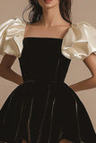 A Line Ivory Square Neck Short Black Tie Dress with Sleeves