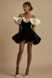 Ivory Short A Line Ruched Black Tie Dress with Ruffles