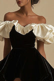 Ivory Short A Line Ruched Black Tie Dress with Ruffles