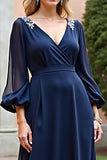 Long Sleeves Navy Chiffon Long Mother of the Bride Dress with Slit