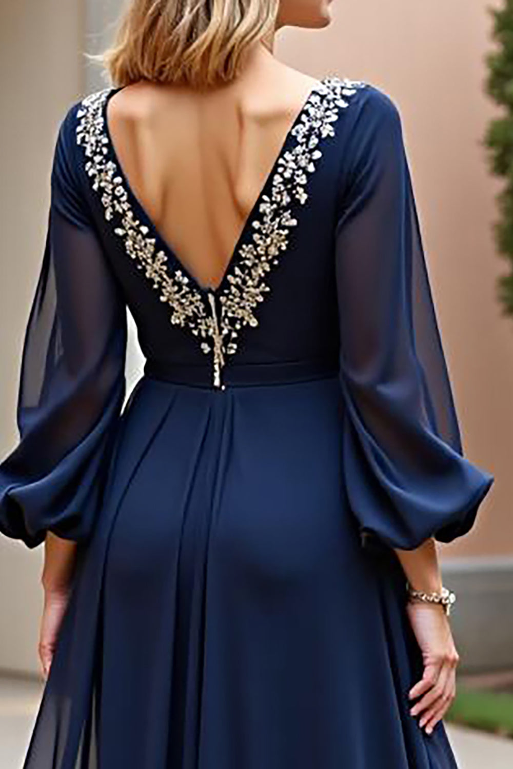Long Sleeves Navy Chiffon Long Mother of the Bride Dress with Slit