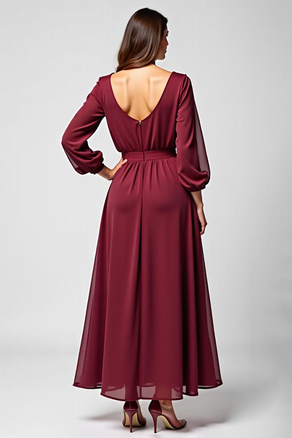 Burgundy Long Chiffon Mother of the Bride Dress with Long Sleeves