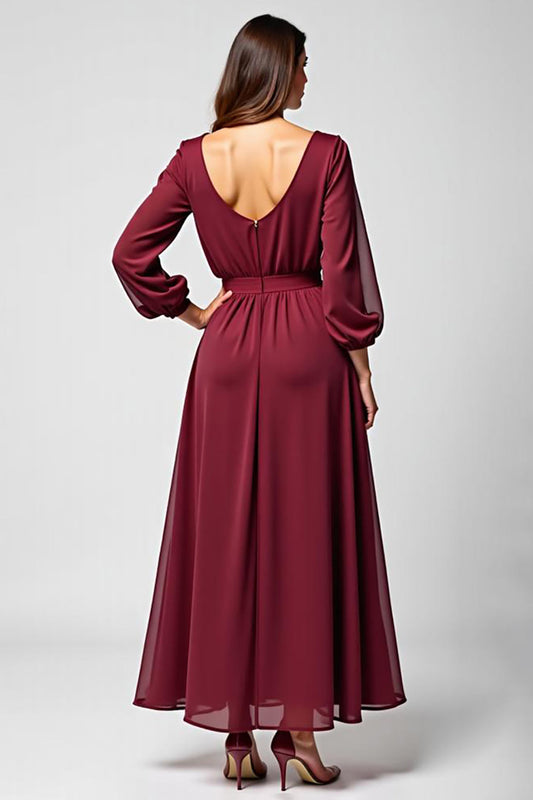 Burgundy Long Chiffon Mother of the Bride Dress with Long Sleeves