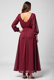Burgundy Long Chiffon Mother of the Bride Dress with Long Sleeves