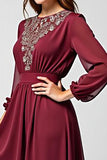 Burgundy Long Chiffon Mother of the Bride Dress with Long Sleeves