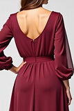 Burgundy Long Chiffon Mother of the Bride Dress with Long Sleeves