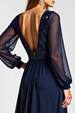 Chiffon Navy Long Sleeves Mother of the Bride Dress with Sequins