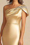 Gold One Shoulder Sheath Long Formal Dress with Slit