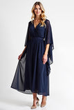 Navy Chiffon Long Mother of the Bride Dress with Long Sleeves