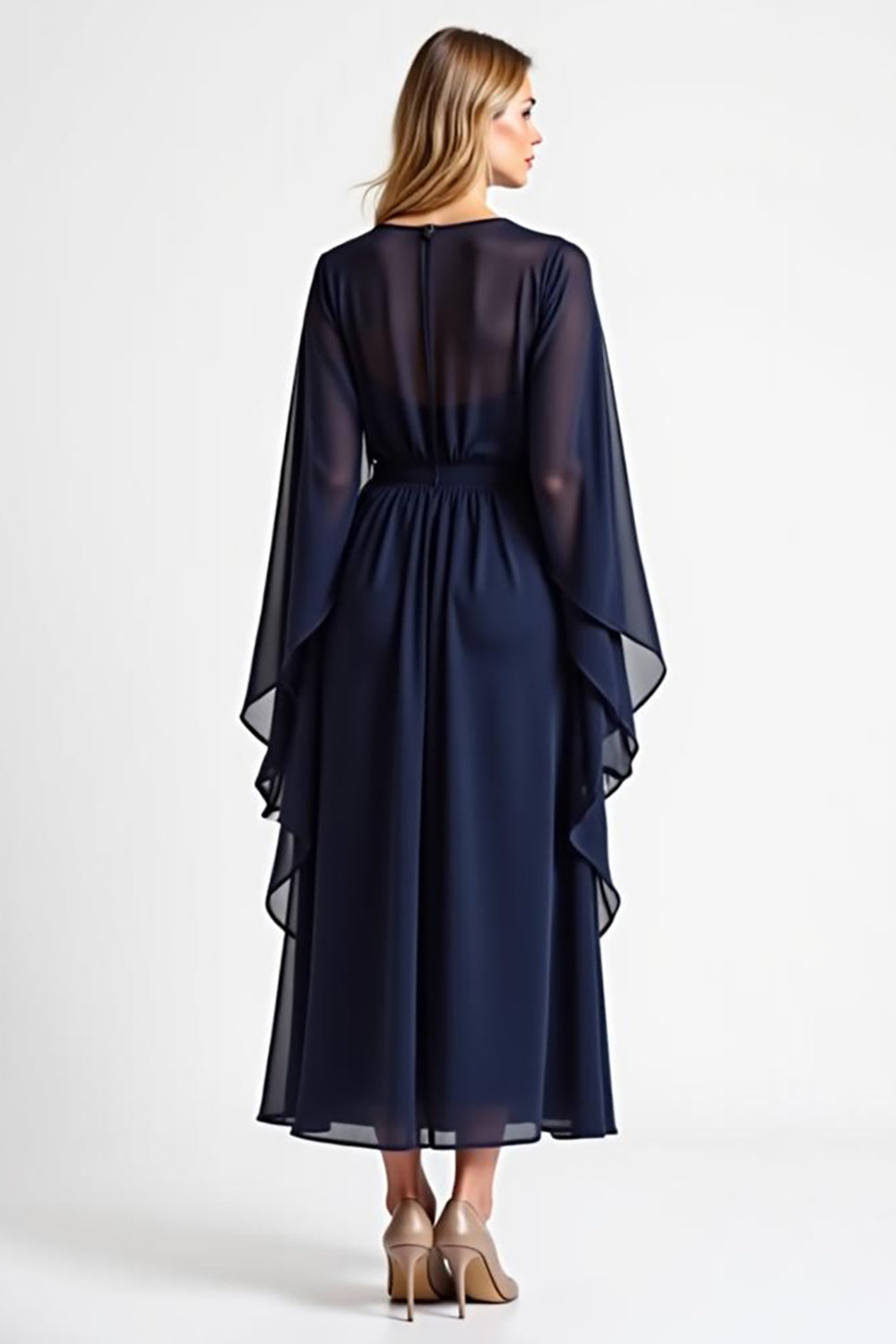 Navy Chiffon Long Mother of the Bride Dress with Long Sleeves