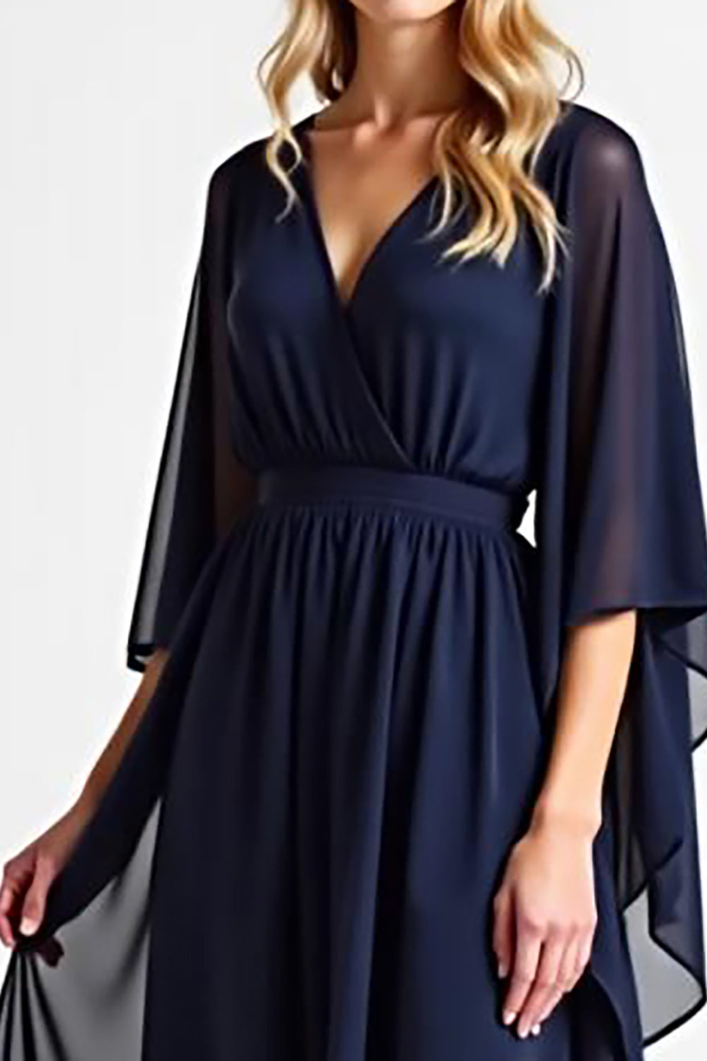Navy Chiffon Long Mother of the Bride Dress with Long Sleeves