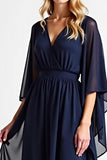 Navy Chiffon Long Mother of the Bride Dress with Long Sleeves