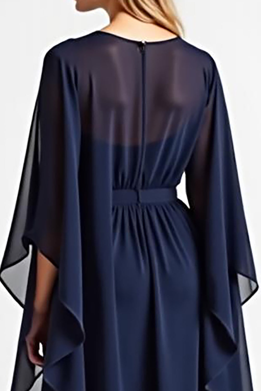 Navy Chiffon Long Mother of the Bride Dress with Long Sleeves