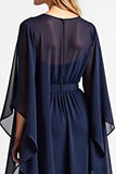 Navy Chiffon Long Mother of the Bride Dress with Long Sleeves