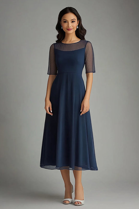 Navy Chiffon Illsion Neck Long Mother of the Bride Dress with Short Sleeves