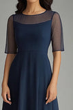 Navy Chiffon Illsion Neck Long Mother of the Bride Dress with Short Sleeves