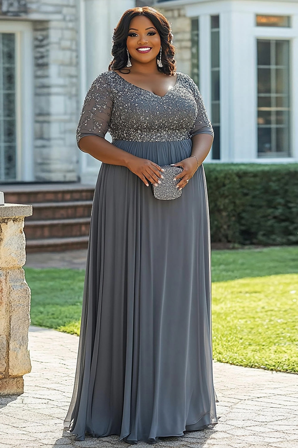 ZAPAKA Women Sparkly Grey Plus Size Mother of the Bride Dress with Appliques A Line V Neck Chiffon Long Mom Dress for Wedding, Grey / US20W