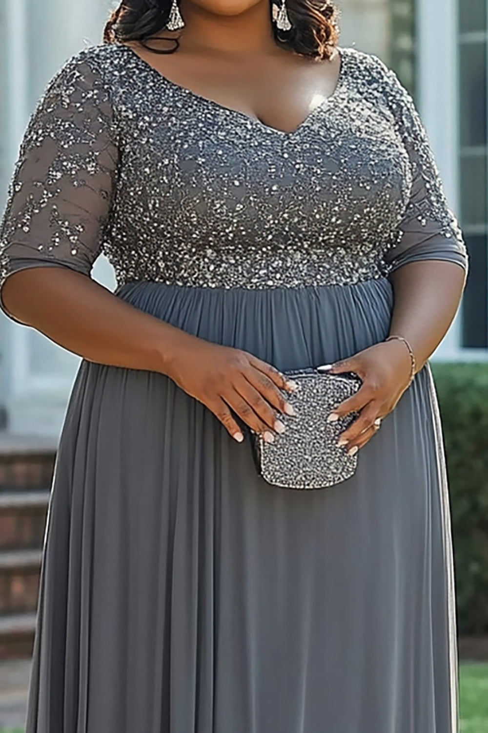 ZAPAKASA Women Grey Beaded A Line Plus Size Long Mother of the Bride Dress V-Neck Chiffon Half Sleeves Prom Dress ZAPAKASA Women Grey Beaded A Line Plus Size Long Mother of the Bride Dress V-Neck Chiffon Half Sleeves Prom Dress