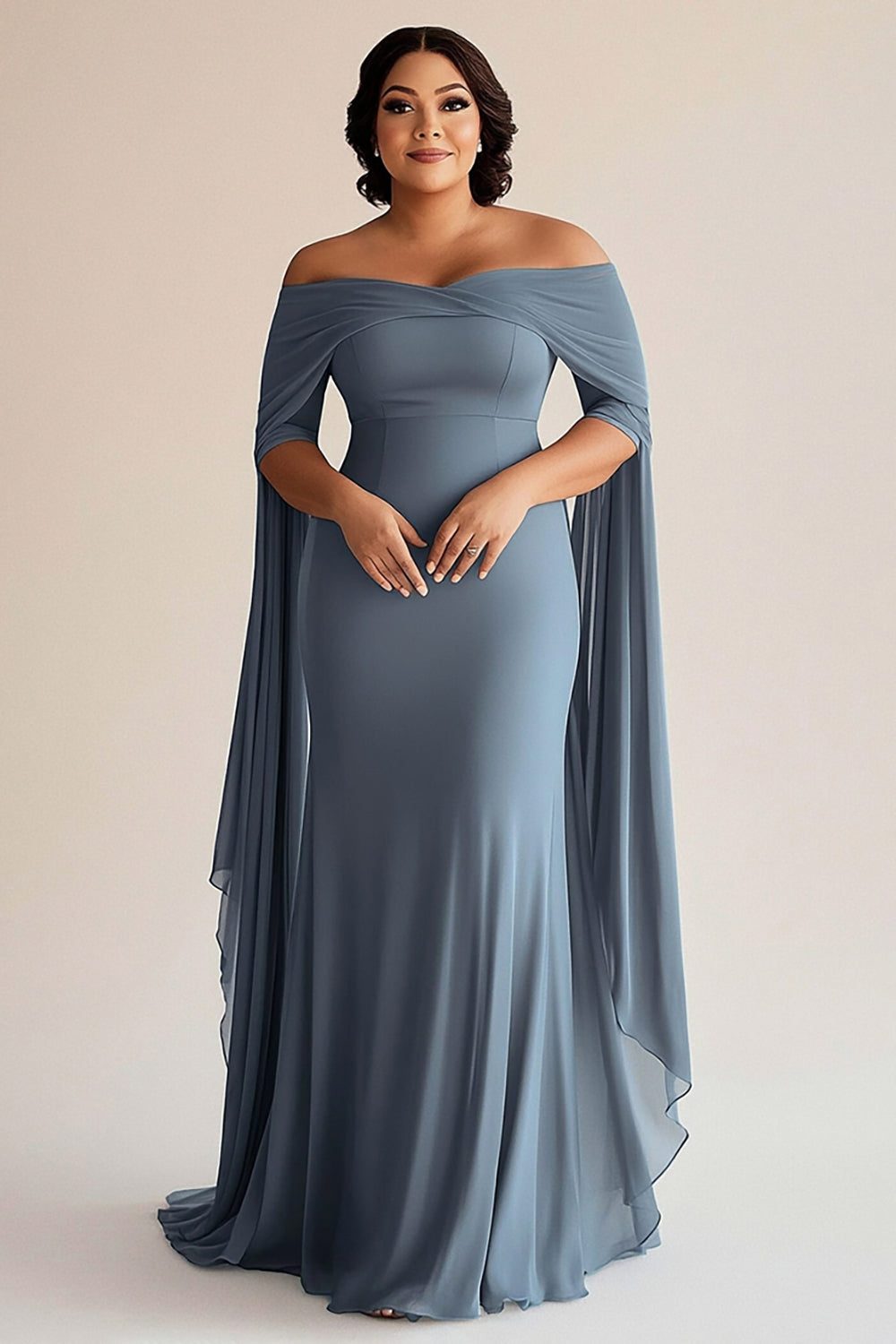 Zapaka Women Plus Size Mother of The Bride Dress Off The Shoulder Grey Blue Sheath Chiffon Wedding Guest Dress, Grey Blue / US14