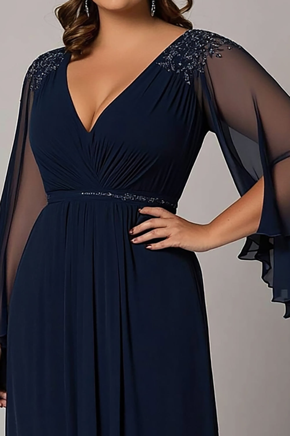 ZAPAKASA Women Navy V-Neck Sleeves Long Plus Size Mother of the Bride Dress Lace Chiffon Ruched Prom Dress ZAPAKASA Women Navy V-Neck Sleeves Long Plus Size Mother of the Bride Dress Lace Chiffon Ruched Prom Dress