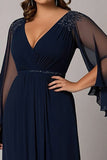 Navy V-Neck Sleeves Long Plus Size Mother of the Bride Dress