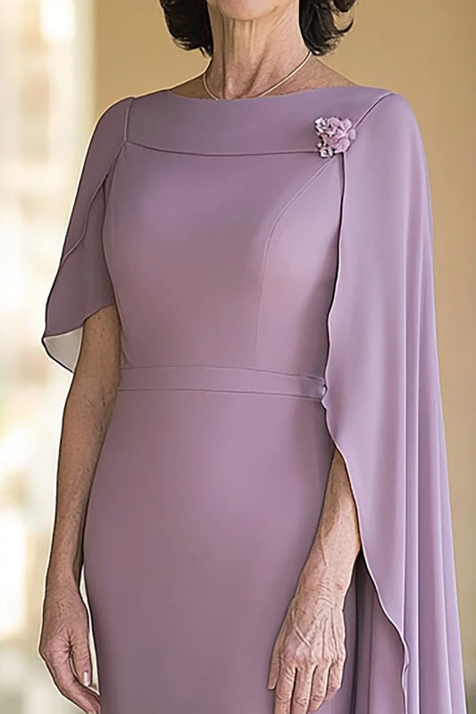 Lilac Long Sheath Chiffon Mother of the Bride Dress with Cape Sleeves