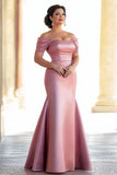 Satin Plus Size Pink Mermaid Off the Shoulder Long Mother of the Bride Dress