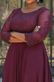 A Line Burgundy Chiffon Long Plus Size Mother of the Bride Dress