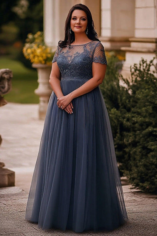 A Line Plus Size Grey Blue Long Tulle Mother of the Bride Dress