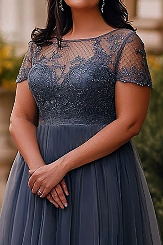 A Line Plus Size Grey Blue Long Tulle Mother of the Bride Dress