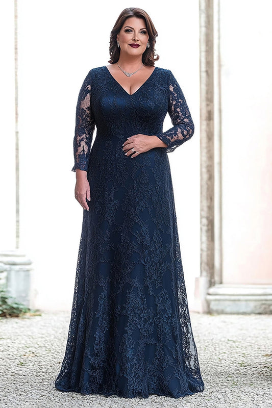 Lace Plus Size Navy Sheath V-Neck Long Mother of the Bride Dress