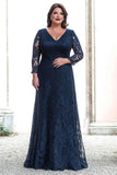 Lace Plus Size Navy Sheath V-Neck Long Mother of the Bride Dress
