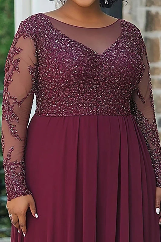 A Line Plus Size Burgundy Chiffon Sparkly Long Mother of the Bride Dress
