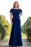 Sheath Plus Size Navy Satin Boat Neck Long Mother of the Bride Dress