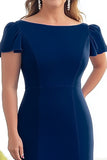 Sheath Plus Size Navy Satin Boat Neck Long Mother of the Bride Dress