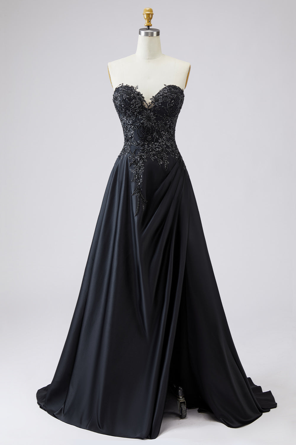 Plus Size Floral Black Satin A Line Sweetheart Long Prom Dress with Slit