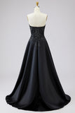 Plus Size Floral Black Satin A Line Sweetheart Long Prom Dress with Slit