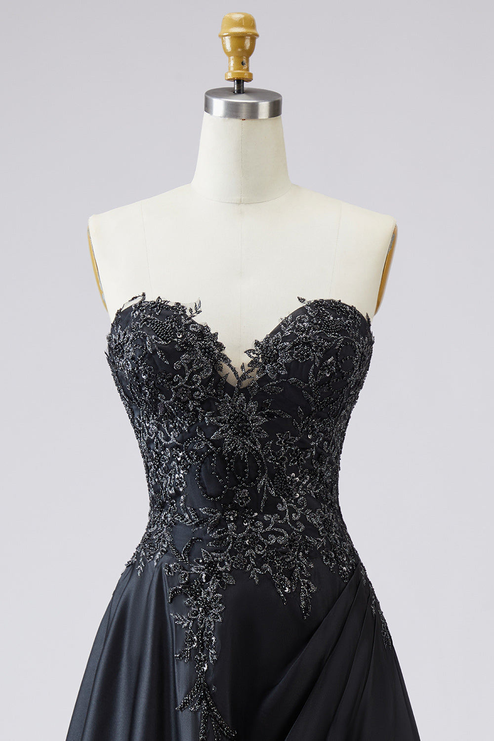 Plus Size Floral Black Satin A Line Sweetheart Long Prom Dress with Slit