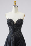 Plus Size Floral Black Satin A Line Sweetheart Long Prom Dress with Slit
