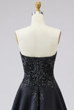 Plus Size Floral Black Satin A Line Sweetheart Long Prom Dress with Slit