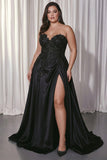 Plus Size Floral Black Satin A Line Sweetheart Long Prom Dress with Slit