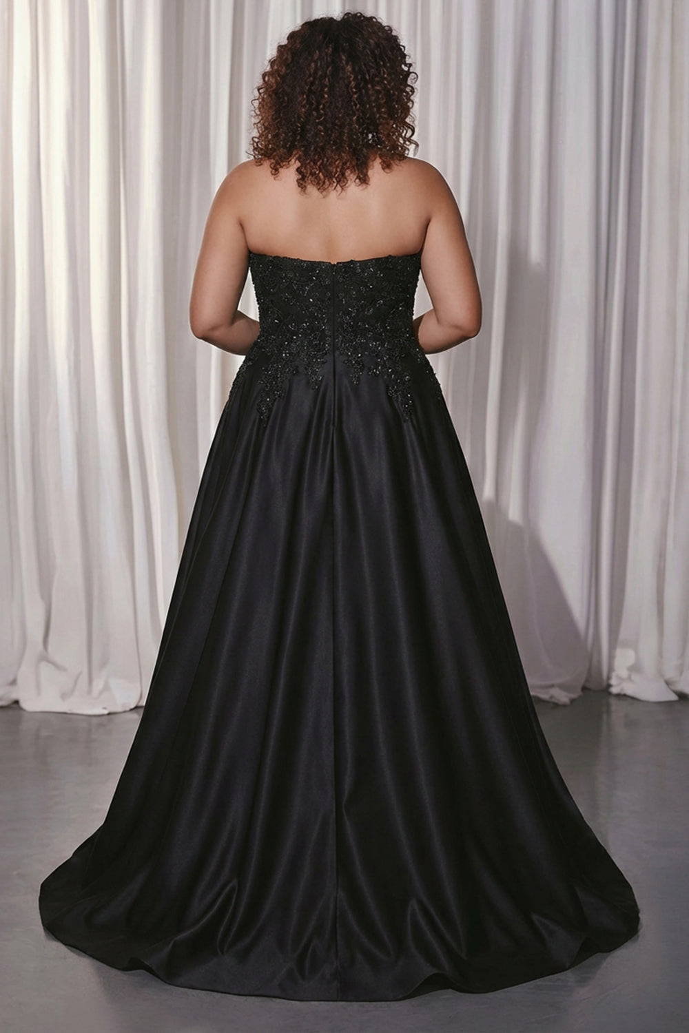 Plus Size Floral Black Satin A Line Sweetheart Long Prom Dress with Slit