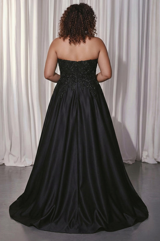 Plus Size Floral Black Satin A Line Sweetheart Long Prom Dress with Slit
