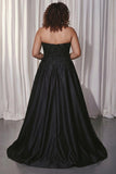 Plus Size Floral Black Satin A Line Sweetheart Long Prom Dress with Slit