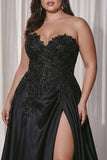 Plus Size Floral Black Satin A Line Sweetheart Long Prom Dress with Slit