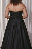 Plus Size Floral Black Satin A Line Sweetheart Long Prom Dress with Slit