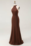 Simple Coffee Satin Halter Mermaid Long Formal Dress