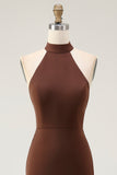 Simple Coffee Satin Halter Mermaid Long Formal Dress
