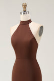 Simple Coffee Satin Halter Mermaid Long Formal Dress